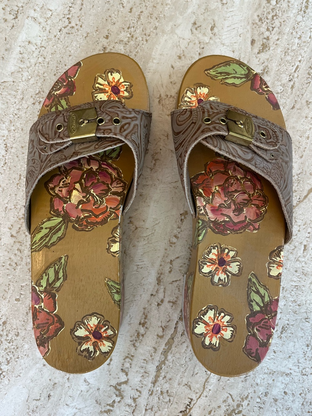 Dr. Scholl's | Classic Hand-Painted Wood Sandals | Embossed Leather | Size ~8